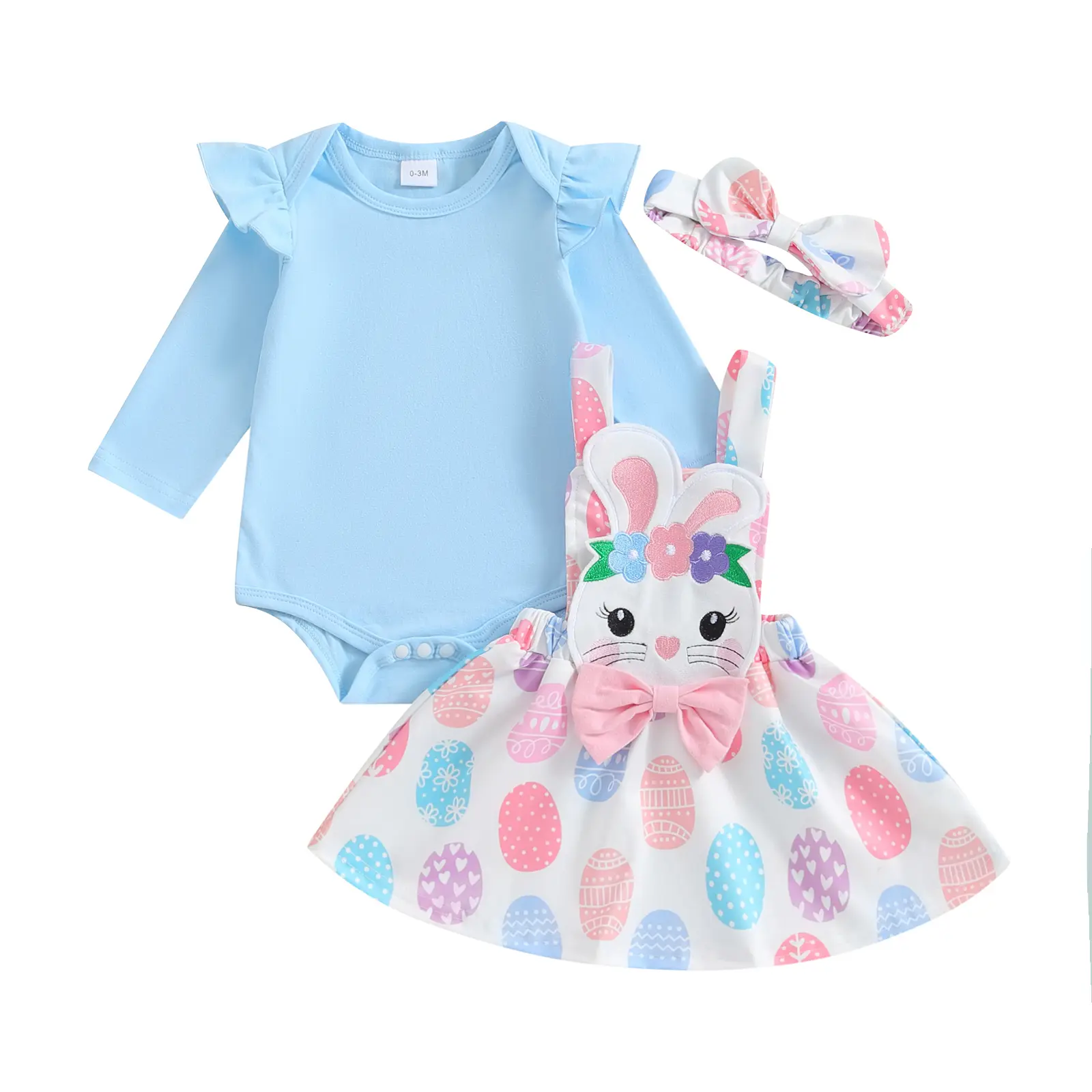 Ma&Baby Baby Girl Easter Clothes Ruffle Long Sleeve Romper Bunny/Easter Eggs Print Overall Skirt Dress Cute Newborn Outfit