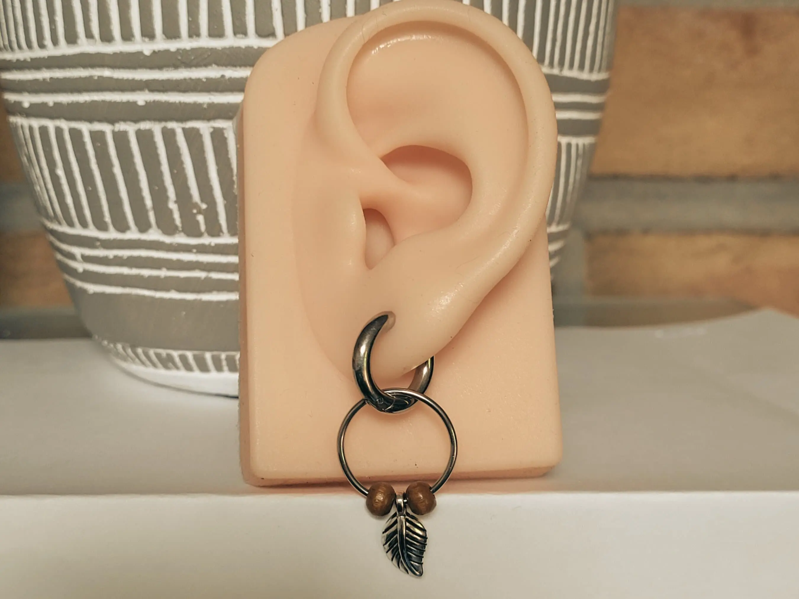 18g Silver Feather Wood Earring Helix Rook Conch Daith Tragus Hinged Clicker Ring Hoop Dangle Charm  cartilage piercing ear alt jewelry goth