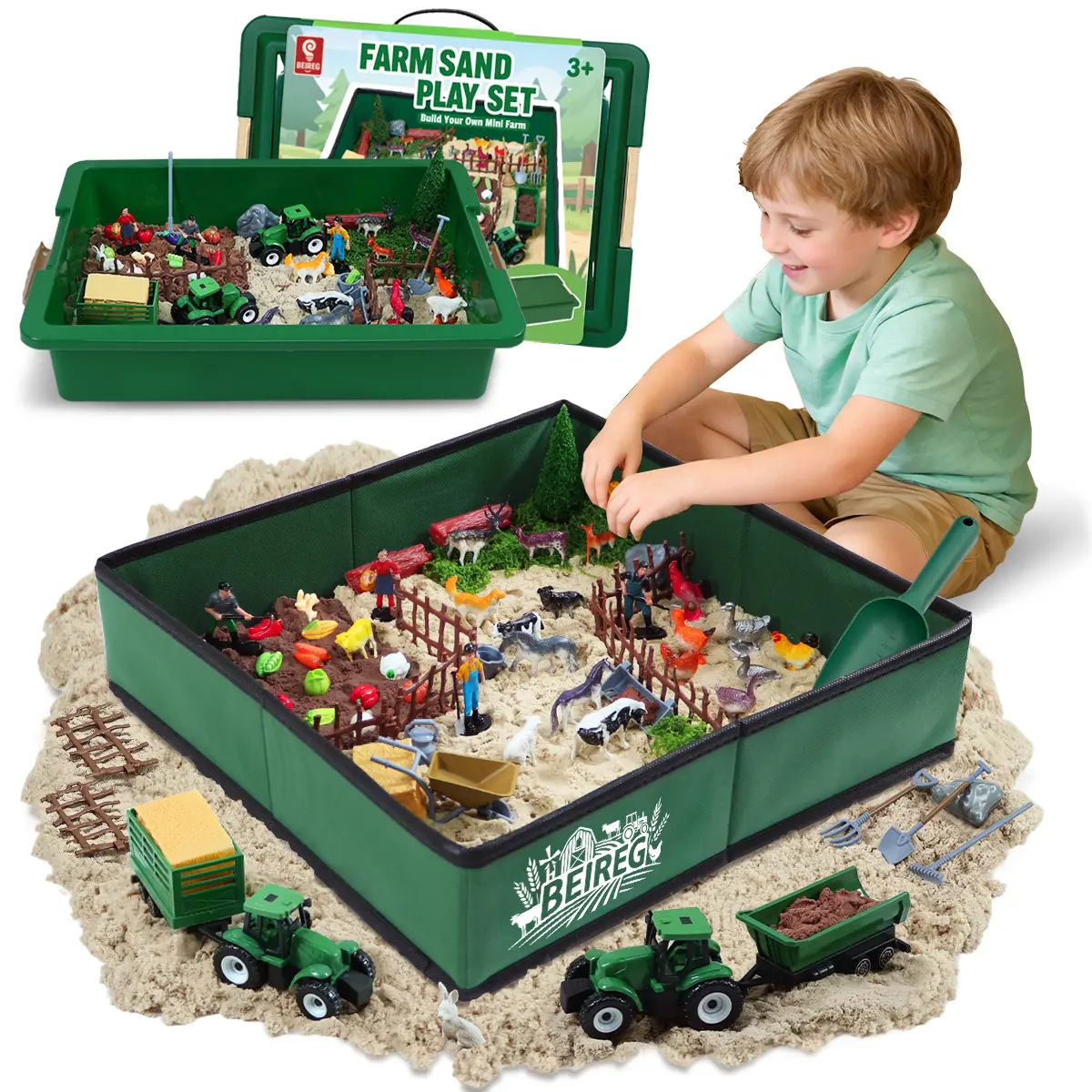 BEIREG Sensory Bin Sand Kit Toy, Farm Theme Foldable Sandbox with Lid, 2.2lb Play Sand, 70+ Accessories, Farm Figures & Animals & Tractor, Play Sand Kit for Kids Ages 3+