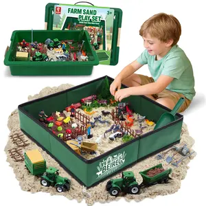 BEIREG Sensory Bin Sand Toy - Foldable Sandbox with Lid: Farm (2.2lb Sand, 70+ Accessories, Farm Figures, Animals, Tractor) or Dino (2.2lb Sand, 60+ Accessories, 11 Dino Figures, Volcano, Archaeology Tools)- Play Sand Kit for Kids Ages 3+