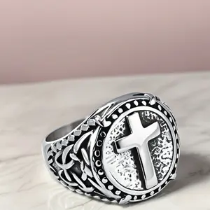 Fashionable, Cool, Classic Cross Stainless Steel Domineering Men's Ring, Hip-hop Punk Handsome Daily Wearing Jewelry