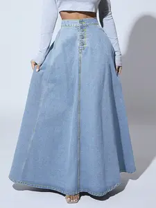 Women's Fashion Casual Washed Long Denim Button Skirt, Stylish High Waist A-Line Skirt for Daily Wear, Comfortable and Trendy Design, Elegance