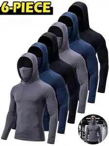 6 Pack Men's Performance Hoodies with Built-in Grayscale City Camo Mesh Mask - Long Sleeve Athletic Pullover Set