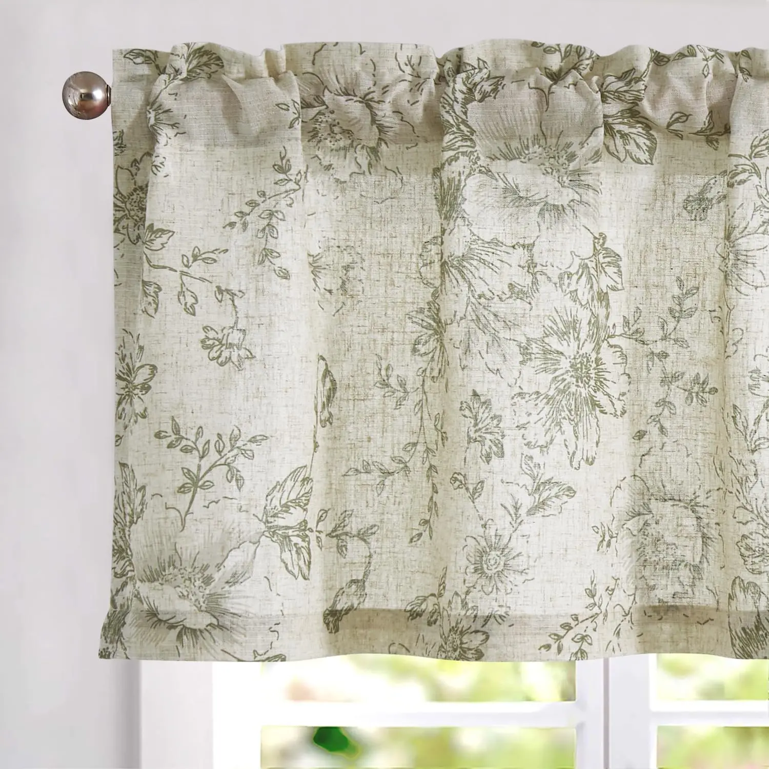 Home Decoration Curtain Valance - Classic Linen Sage Green Floral Durable Home Textile, 16-in French Country Low Iron Flat Weave Light Filtering Rod Pocket Drape, 0-1m Single Panel for Bedroom, Machine Washable