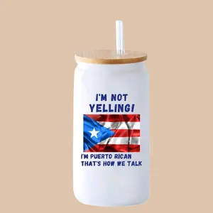 Funny Puerto Rican, 16oz Glass Libby Cup.  Beverage Coffee Washable Reuse ReusableDrinkware