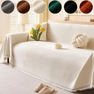 1pc Simple Fringe Edge Sofa Cover, Universal Full Wrap Knitted Sofa Protector, All Seasons Use, Multiple Colors Available
