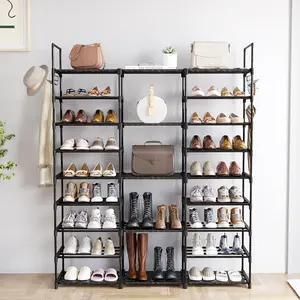 BULULUO 9 Tiers Shoe Rack Organizer, Black, 50-55 Pairs, Stackable Metal Shelf with Hooks for Entryway, Shoe Racks for Bedroom Closet