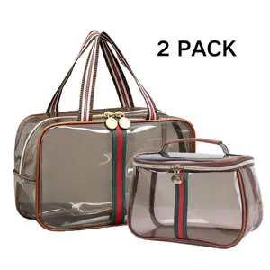 2 PACK waterproof toiletry makeup bag retro vintage style transparent cosmetic storage bag women beach bag large capacity