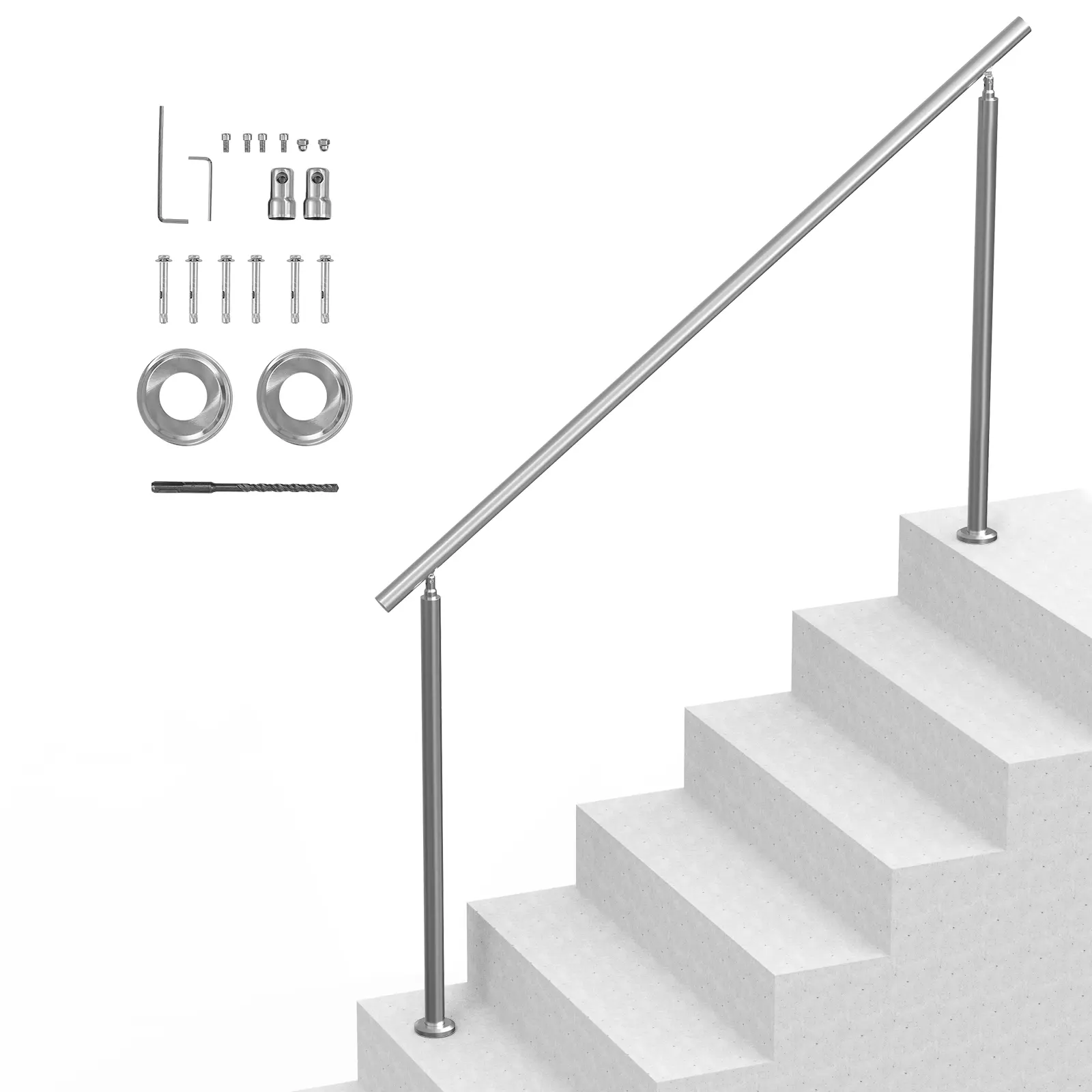 VEVOR 201 Stainless Steel Adjustable Outdoor Step Handrails Kit, 70.9in/180cm Double-Column Railings with Installation Kit (1 Set Screws), Safety Support for Elderly, Children, Pregnant Women, Porch/Deck