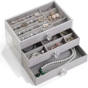 Jewelry Box 3 Drawer Organizer with Earring Holder Clear Storage for Rings Earrings and Necklaces Christmas Gift for Mom and Girlfriend