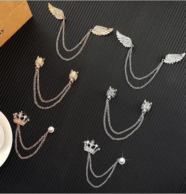 6 piece Vintage Rhinestone Brooch Pin Crown Wing Style Lapel Pin Men's Tassel Chain Brooch Collar Pins for Wedding Anniversary Birthday