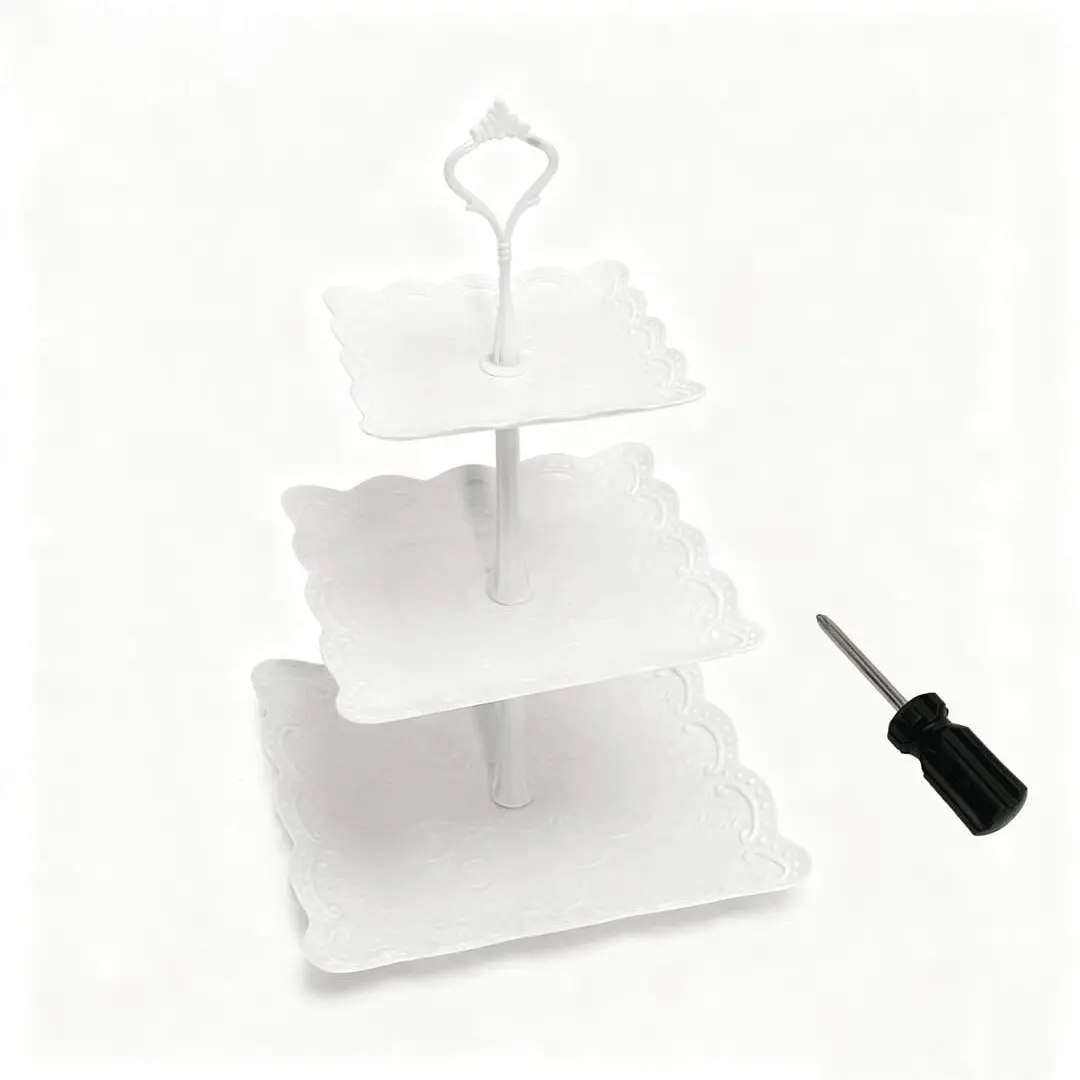 3-Tier Floral Embossed White Durable Plastic Square Cupcake Stand - Kitchen Bakeware Decoration, Cupcake Serving Tower, Multi-Tiered Fruit Holder, Ideal for Wedding, Baby Shower
