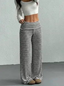 Women's Striped Casual Low Waist Pants, Fashionable Knitted Long Trousers for Daily Wear, Stylish Ladies' Clothing