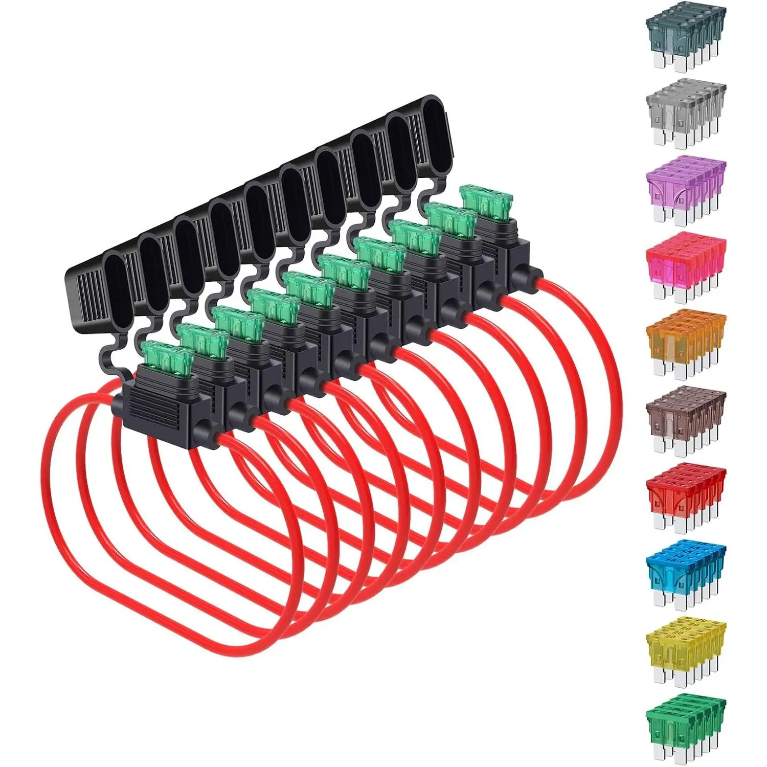 14 Gauge Waterproof ATC/ATO In-Line Automotive Blade Fuse Holder (10 Packs) with Tinned Copper & Protection, 50pcs Car Fuses Sets (1A-30A) for Cd Players, Automotive Replacement Needs