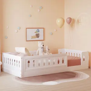 Twin Size Wooden Floor Bed Frame with Fence, Noise-Free Wooden Construction Platform Bed for Bedroom, White, Floorbed Design