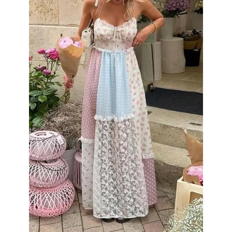 Women's Flowy Dresses Summer Elegant Print Lace Patchwork Long Dress Halter Backless Sleeveless Dress Cute Maxi Beach Bohemian