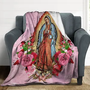 Our Lady of Guadalupe Blanket - Soft and Lightweight 280GSM Plush Flannel Throw Blanket, Vintage Religious Art, Rose and Halo Design, Adult Family 4 Sizes, All-Season Sofa Bed Decoration, Machine Washable Gift