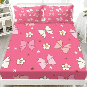 3pcs Bedding Set (1 Fitted Sheet + 2 Pillowcases), Butterfly Knot Floral Star Print, Breathable Polyester, All Seasons