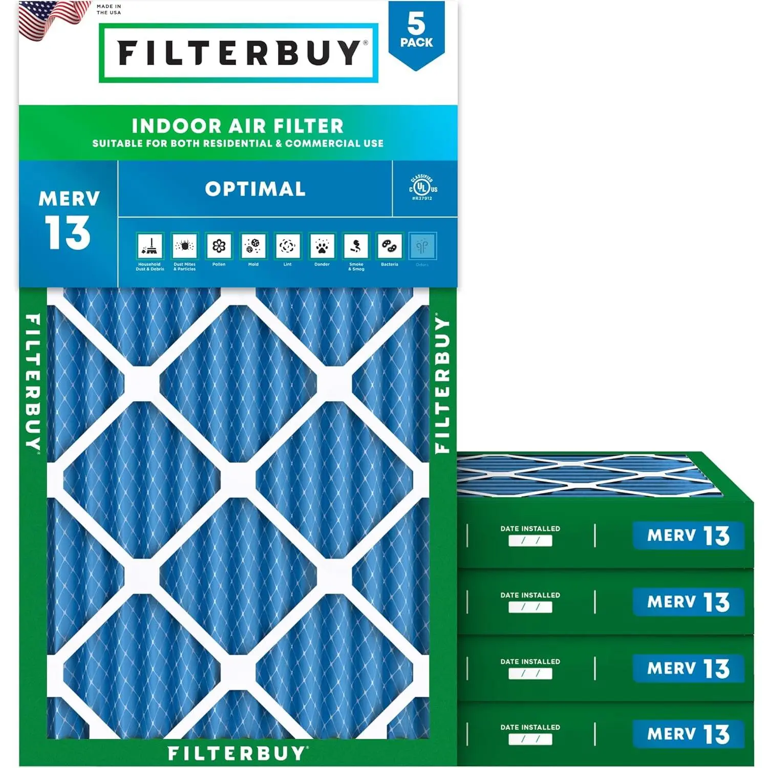 Filterbuy Replacement HVAC AC Furnace Air Filter (5-Pack) - 17x25x2 in Nominal Size, 16.5x24.5 in Actual Size, Pleated MERV 13 Rating, Synthetic Polypro, Eco-Friendly