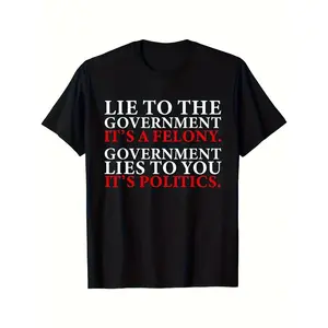 1pc Vintage Political Slogan Men's T-Shirt - Bold "Lie to the Government" Graphic Print, 100% Cotton Crew Neck Tee, Lightweight Breathable Skinny Fit, All-Season Casual Wear, Machine Washable, Weekend Wear Shirt, Retro Style Shirt, Knit Fabric Shirt