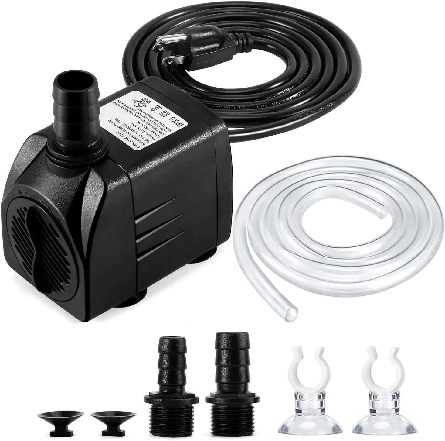CWKJ Compact Submersible Fish Tank Pump - 400GPH (25W 1500L/H) Durable Synthetic Pump with 6.5ft 1/2-in ID Tubing, 3 Nozzles, 4 Rubber Suction Cups, Adjustable Circulation for Medium Aquariums, Backyard Fountains, 6.5Ft Tubing, Aquarium Pump