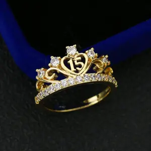 14k gold plated ring with Zirconia heart shaped queen crown, suitable as a gift for anniversary, birthday, graduation,