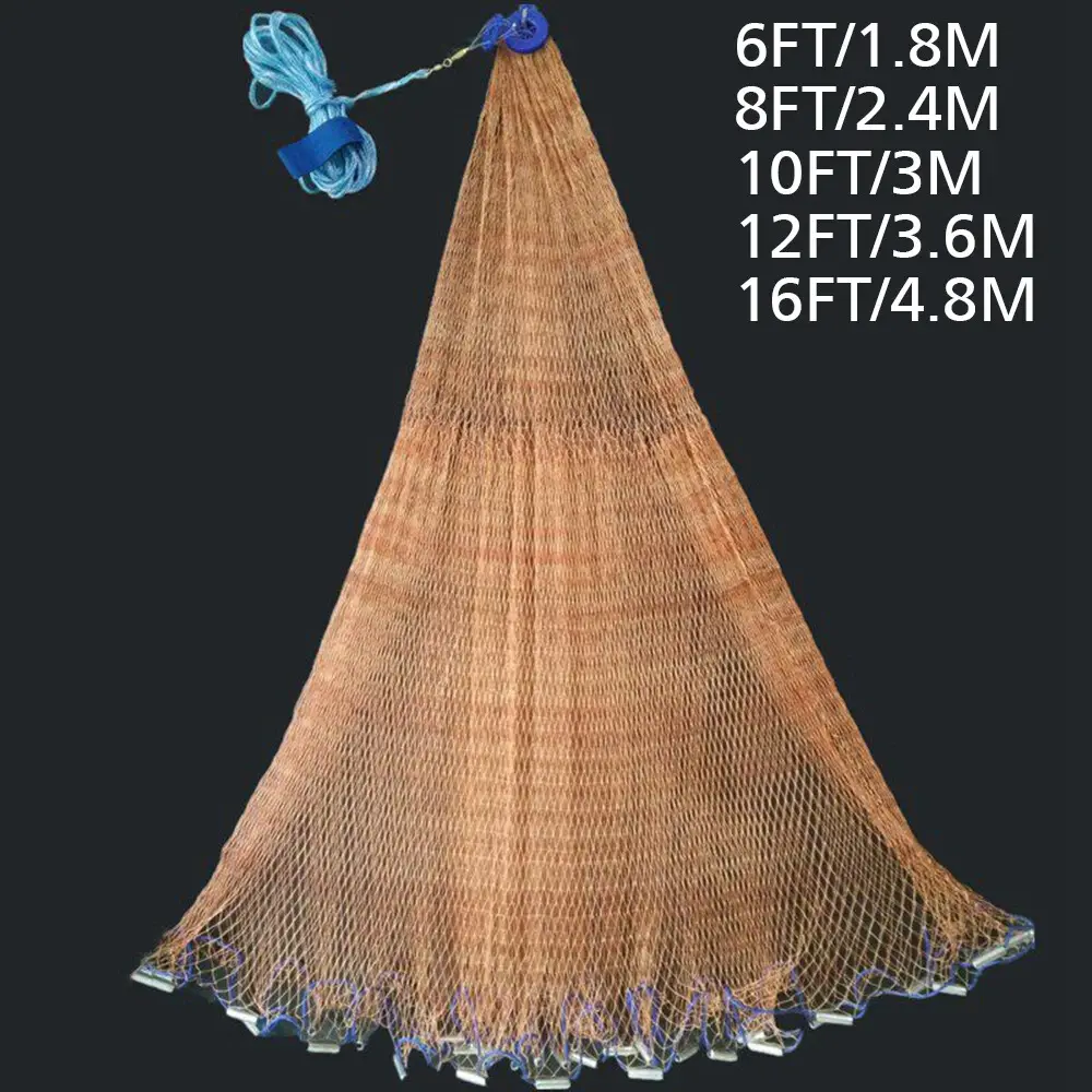 Hand Cast Fishing Net Easy Throw Bait Strong Tire Line Mesh w/ Sinker 8/12/16FT