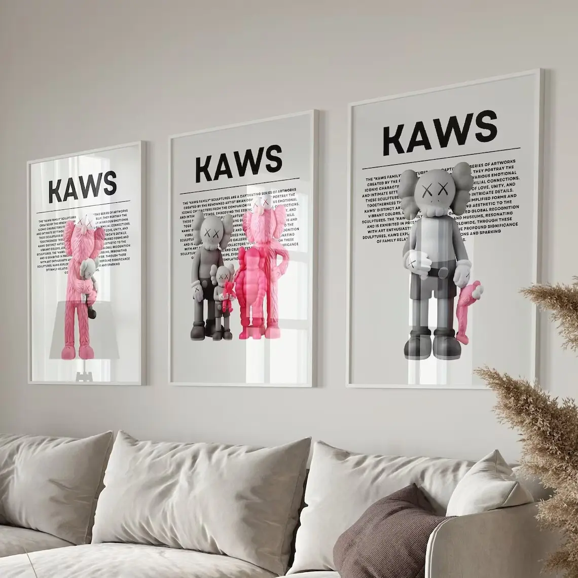 KAWS Themed Poster Set, Black-Grey-Pink Hypebeast Art Home Decor Wall Art Print
