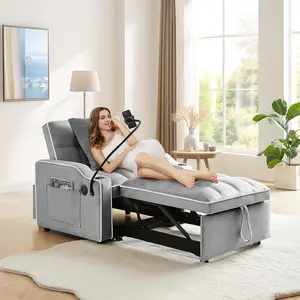Convertible Sleeper Sofa Chair Bed, 3 in 1 Velvet Single Small Futon Sofa Bed with Phone Holder & USB Ports,Pull Out Couch Recliner with Adjustable Backrest for Living Room, Office, Small Placed ,3-in-1 Sofa Bed