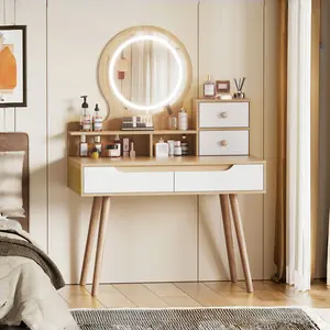 Makeup Vanity Desk with 3 Adjustable Lighted Mirror with solid wood table feet , Dressing Table Set with 4 drawers and 3 open shelves  for Small space Bedroom,summerwins