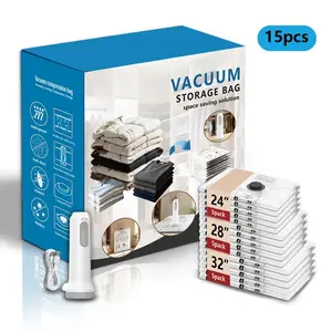Vacuum Storage Bags with Pump, Plastic Packaging Bags, 80% Space Saver Vacuum Seal Bags for Clothing, Travel Lugggage, Blankets, Comforters, 15 Combo