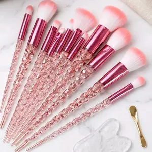10pc Pink Glitter Makeup Brush Set, Spiral Crystal Handles, for Aesthetic Makeup Application