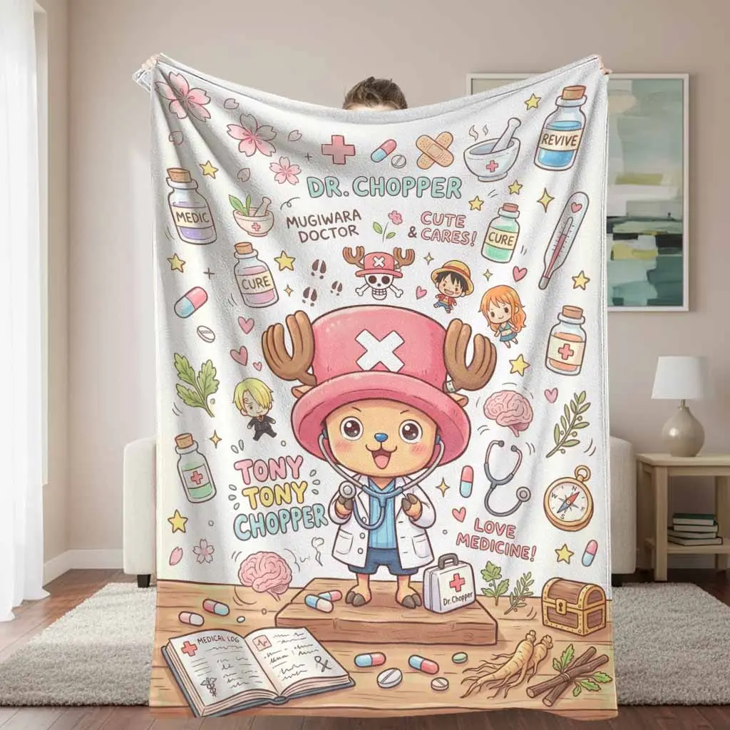 Anime-Style Flannel Blanket, Illustrated Character Dr. Chopper Medical Print, Super Soft Lightweight Plush Bedding Throw for Living Room Sofa, Ideal Gift for Home Use, Anime-Style Blankets, Illustrated Character Blankets