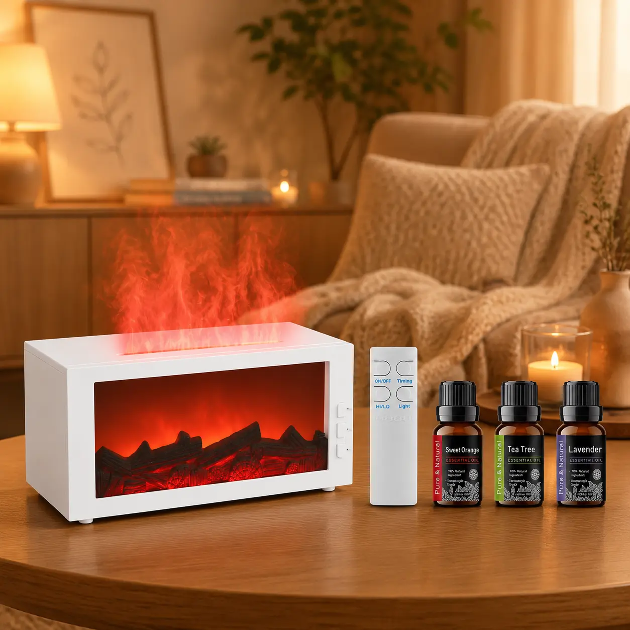 Household 300ml Fireplace Diffuser Humidifier, 7 Color Changing Lights,    bedroom  Remote Timer & Auto Shut-Off Aromatherapy Diffuser