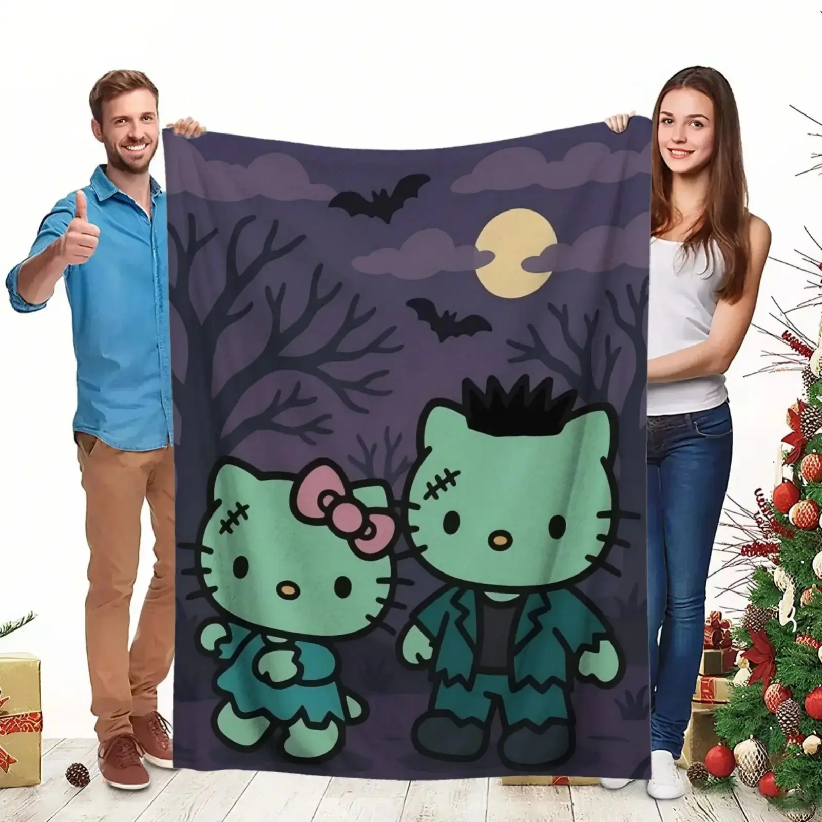 Frankenstein Couple Hello Kitty Halloween Flannel Throw Blanket, Vertical Cute Cartoon Warm Blanket, Ideal Gift for Girls Fans Collectors