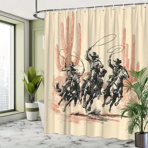 1pc Vintage Western Cowboy Shower Curtain - Large Bathroom Window Decor with Horse Riders, Desert Landscape, Cacti - Beige/ Orange/ Black/ White Western Theme - Machine Washable Polyester Fabric Bath Curtain with 12 Hooks