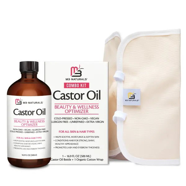 M3 Naturals Pure Castor Oil Pack Kit for Detox, Selfcare & Body Care - Large Hexane-Free Cold-Pressed Castor Oil in Glass Bottle, Adjustable Reusable Organic Cotton Wrap