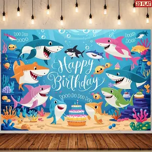 2D Flat Banner, 1pc Shark-Themed Birthday Party Backdrop Banner - Colorful Polyester Decor with Friendly Sharks, Fish, and Marine Elements, "Happy Birthday" Cursive Design, Ideal for Room and Wall Decoration, Party Decorations, Party Decorations Banners