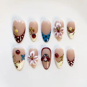 Fall Nails/Fall Press on nails long almond nails/Polka Dots Nails/3D Alarm Clock Nails/Garden Nails/Ladybug Nails/Cute Nails/Kawaii Nails