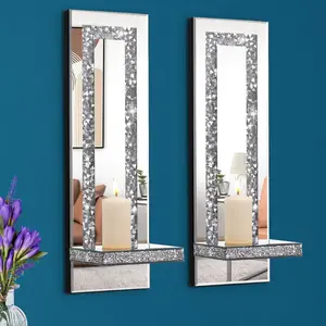 Crystal Diamond Mirror Candle Holder Silver Wall Sconce Set of 2 Living Room Dining Room Decor Rectangular Stripe Gift Interior Decoration Accessories Shiny Ornaments  Home Decoration Frame Flowers