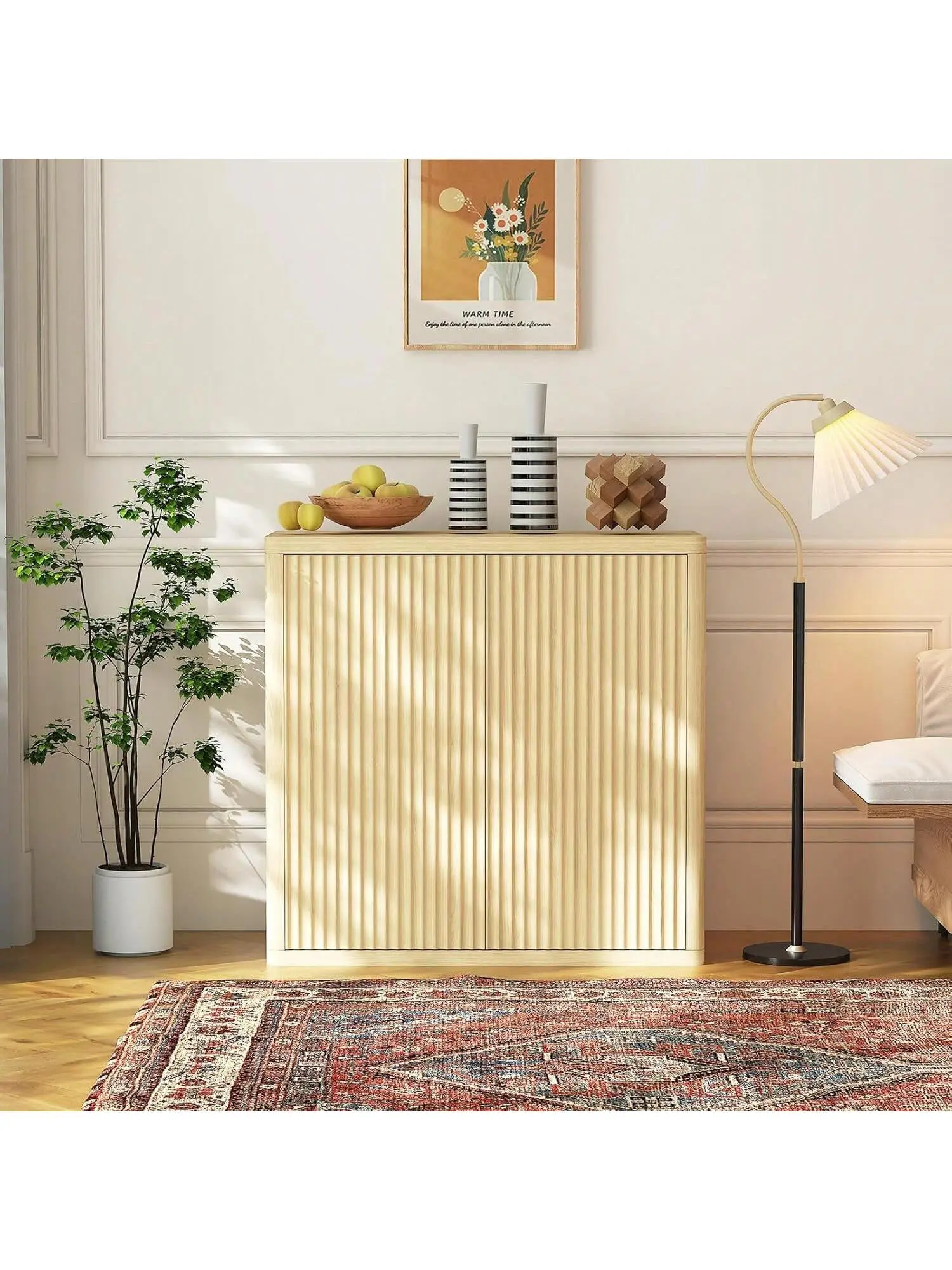 Gaomon Durable 3-Tier Sideboard Buffets Cabinet - Waterproof Modern Engineered Wood Storage Design Furniture, Double Fluted Doors, Adjustable Shelves, Minimalist Curve, Waveform Panel (15.6"d x34.6"w x34.6"h), Assembly Required for Dining Room, Buffet Cab