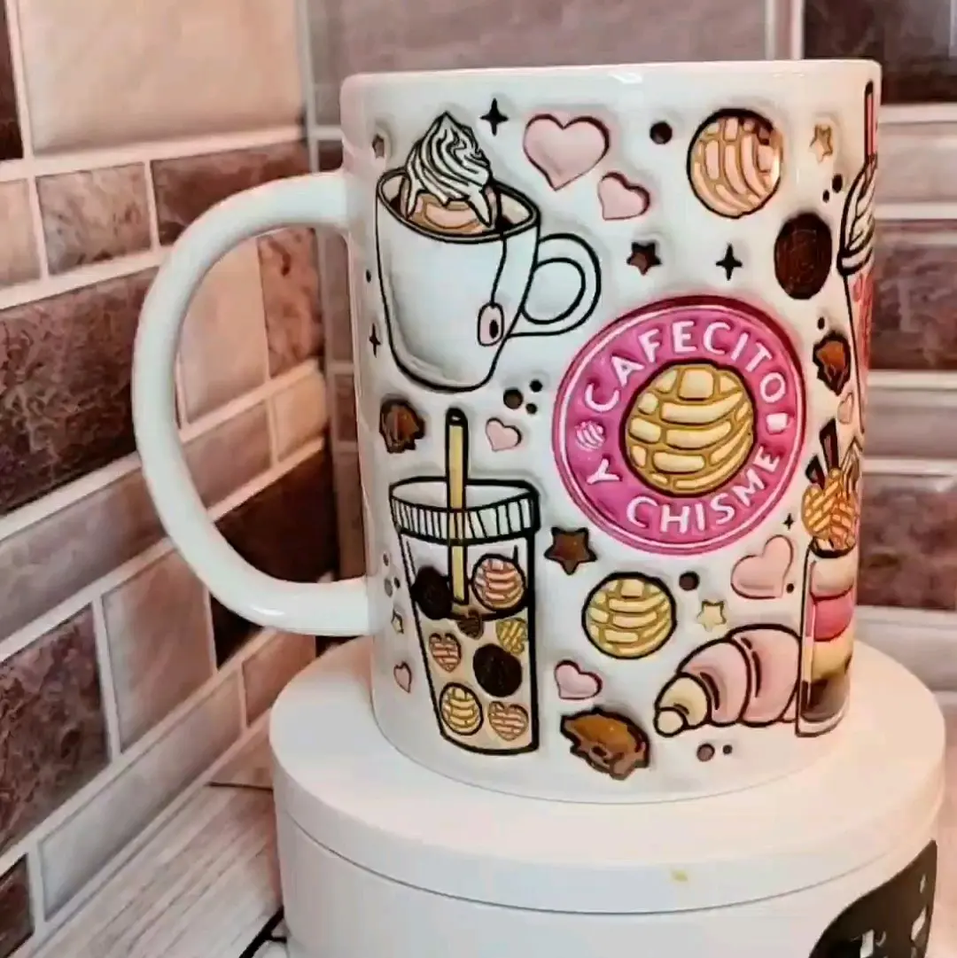 Cafecito Y chisme Mug, style 2. 15 oz Coffee mug Custom Handmade Drink Sublimation  Aesthetic Ceramic Tea Washable Drinkware