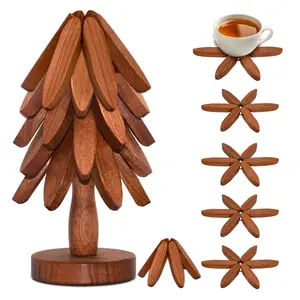 Natural Tree Trivet Set - Christmas Tree Design! This heat - resistant set includes 4 walnut - wood trivets and 1 stand, stored like a Christmas tree. A foldable kitchen decor art, perfect for pots, bowls, coffee mugs, teapots and hot pots. Decoration
