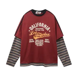 Inflation 100% Cotton Unisex Vintage Oversize Letter Print False Two-Piece Tee 2026 SpringTok Fall New Stripe Panel Long Sleeve Casual T-Shirt Top Street wear fathers day gift