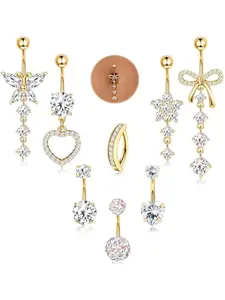 8 Pcs 316L Surgical Steel Gold Dangle Belly Button Ring for Women Silver Dangly Belly Rings 14G Hypoallergenic Navel Belly Button Piercing Jewelry Bow Heart 10mm Barbell Length Body Piercing Jewelry