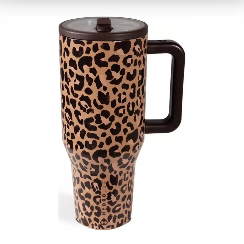 HydroJug Leopard Pattern 40 oz. Handle-equipped flip-top drinking cup - Comes with a handle and a flip-top stainless steel water bottle.