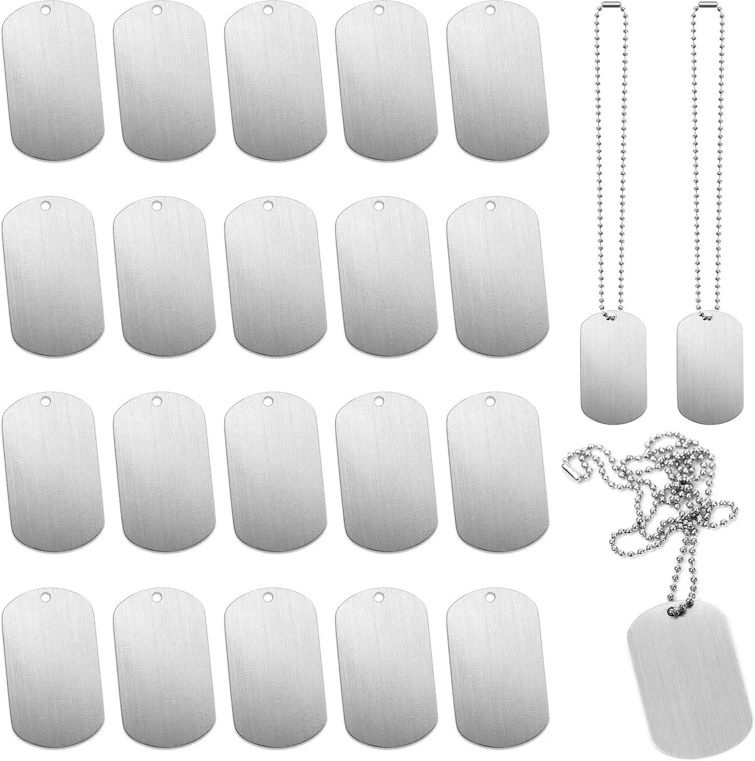 30 PCS 2"x1" Blank Stamping Dog Metal Tags, Shield Shape Aluminum Tag Pendants with Chain Necklaces, Hip Hop Style Personalized Pet Dog Name Number Tags