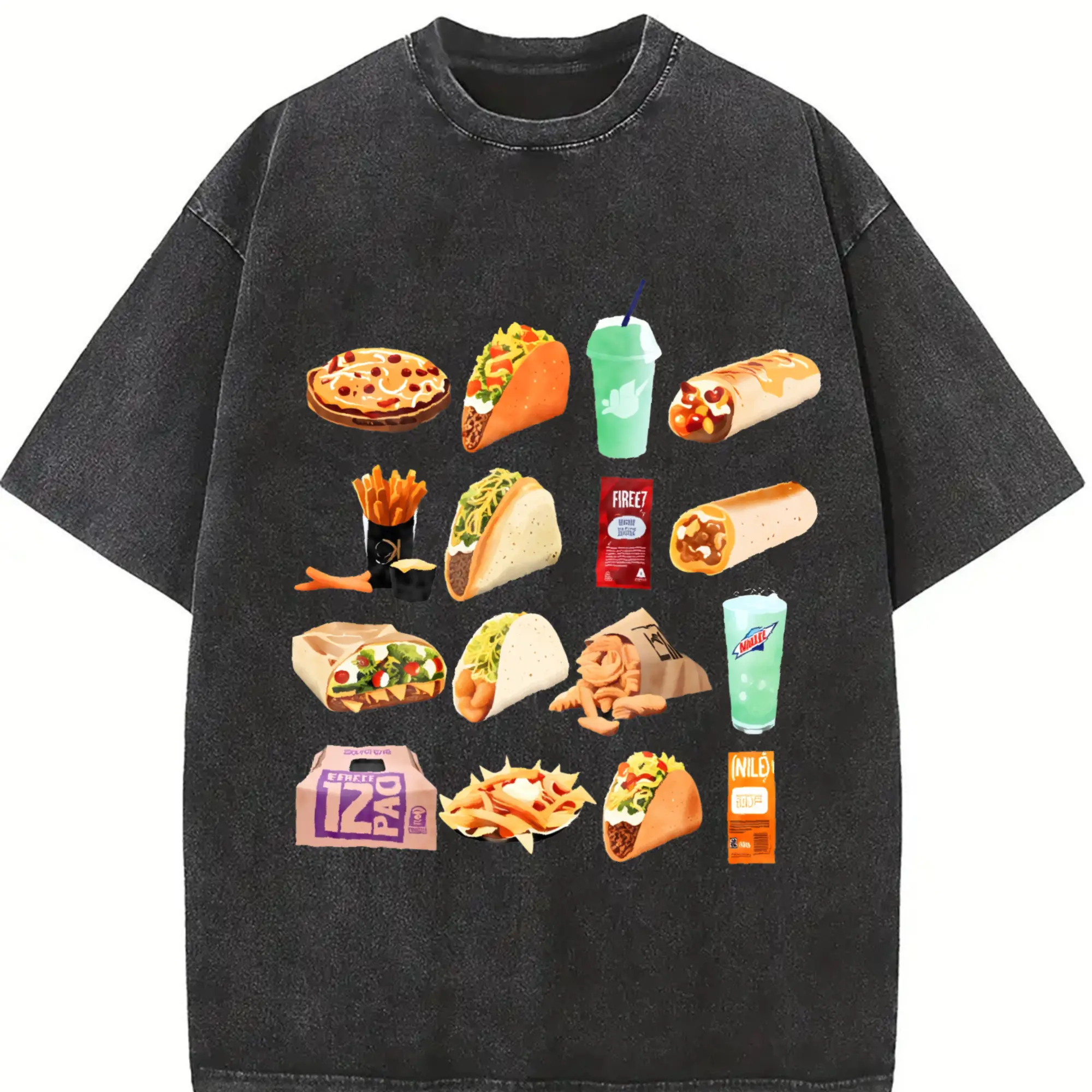 Men's Heavyweight 250gsm Washed Cotton T-Shirt - Retro Mexican Food Graphic Print (Tacos, Nachos, Fries) - Streetwear Casual Loose Fit Short Sleeve Round Neck Tee for Summer, Beach, Parties & Casual Attire - 100% Cotton Vintage Style Statement Top