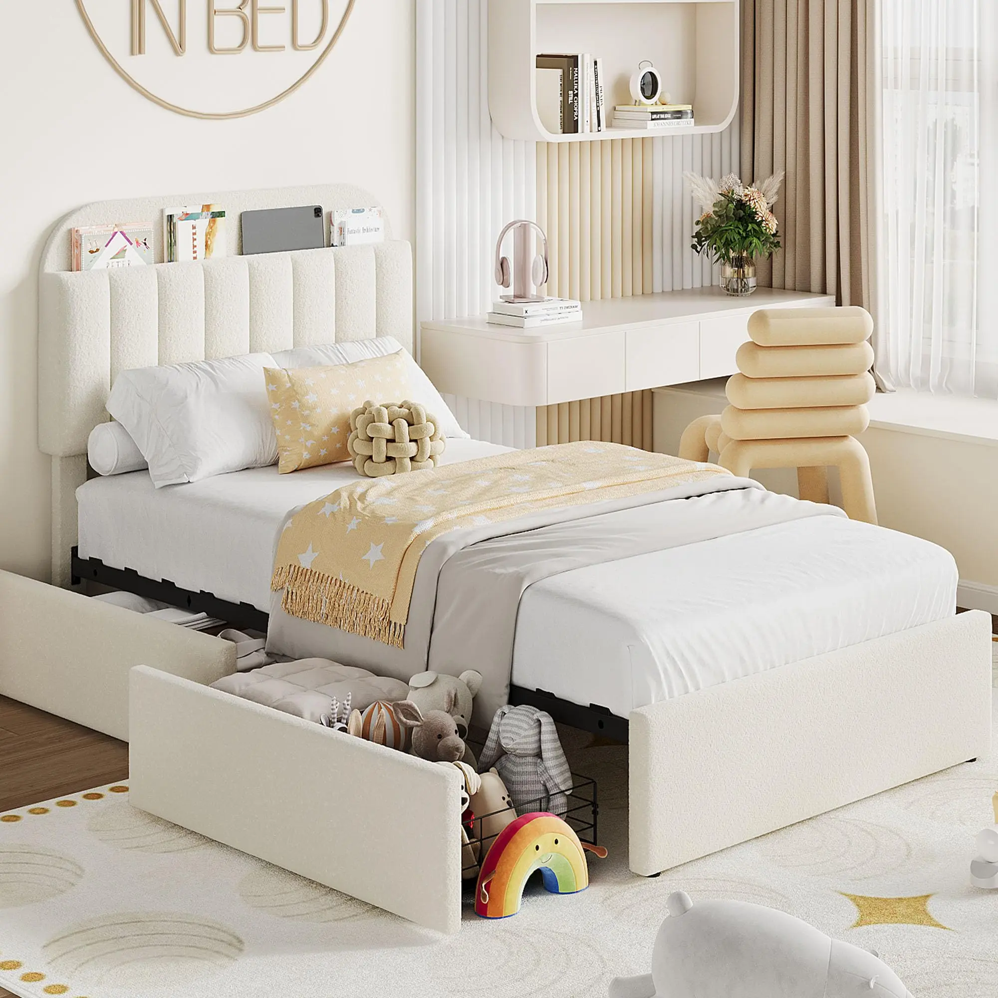 Twin Size Bed Frame with 2 Flexible Drawers,Boucle Upholstered Platform Bed Frame with Bookcase Headboard,Bedframe for Kids/Girls,Easy Assembly,No Box Spring Needed,Noise Free,Beige