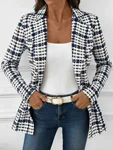 A fashionable elegant blue and white herringbone long sleeved casual blazer suit jacket for women, with a classic herringbone pattern that looks slim and suitable for commuting to work, shopping, and outdoor activities, both indoors and outdoors